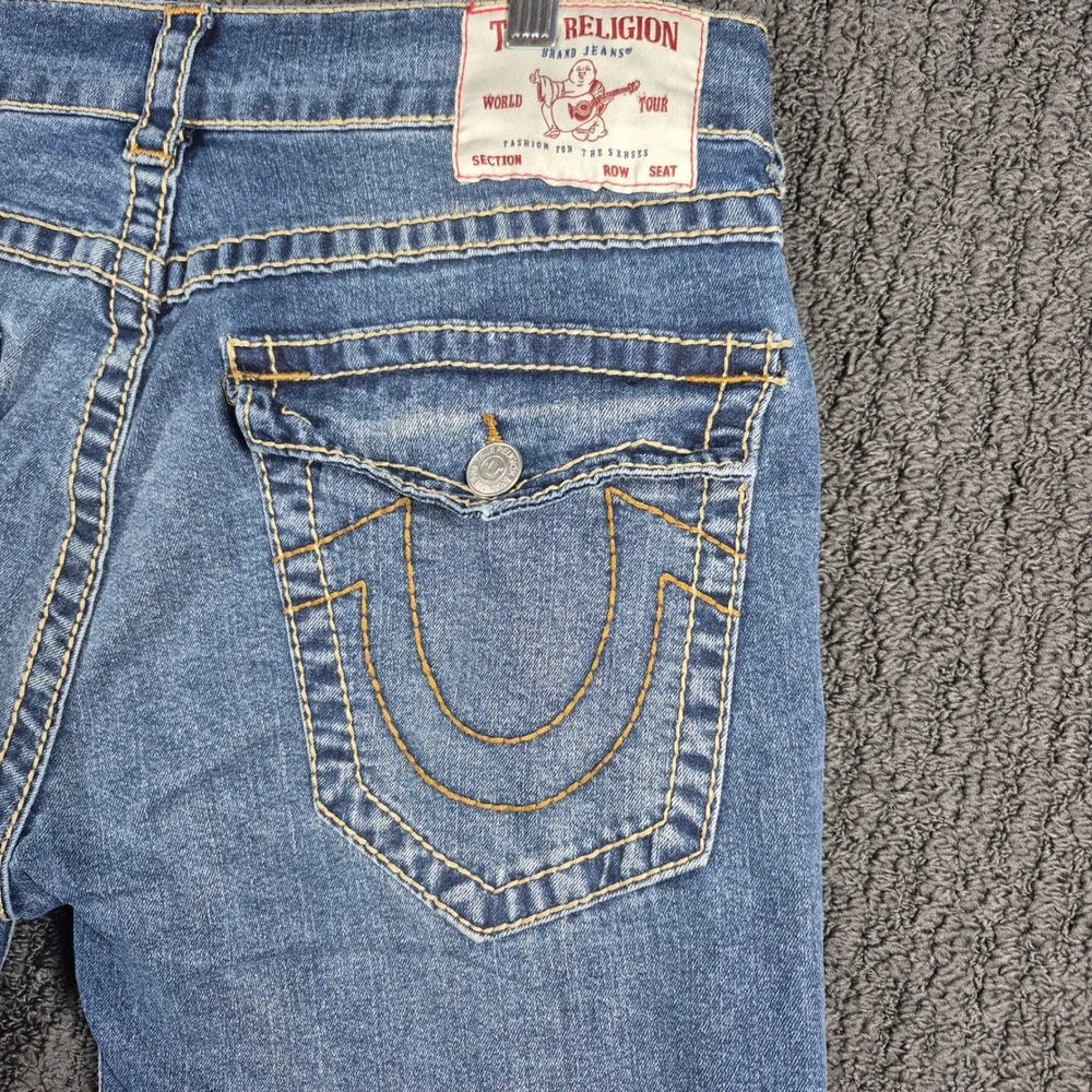 True Religion Geno Relaxed Slim Jeans Mens 33 Blue Gold Stitch Flap Pocket